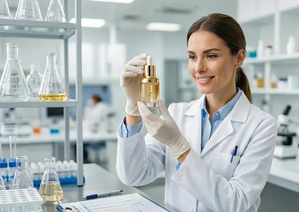 Un chimico in laboratorio intento a preparare un cosmetico per conto terzi